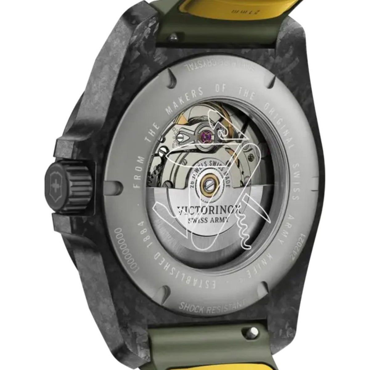 The exhibition case back Victorinox watch showcasing the automatic movement 