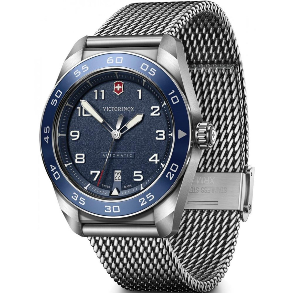 Men's Victorinox Swiss Army 42mm automatic watch, blue dial, steel mesh strap, front view