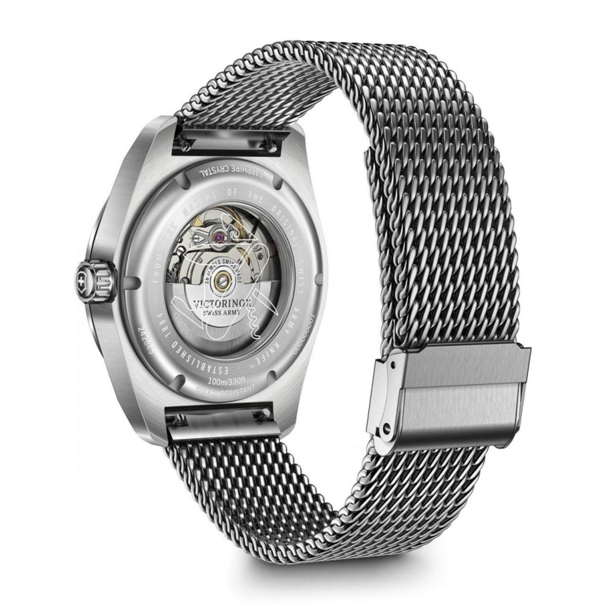 Men's Victorinox Swiss Army automatic watch case back with visible movement, steel mesh strap