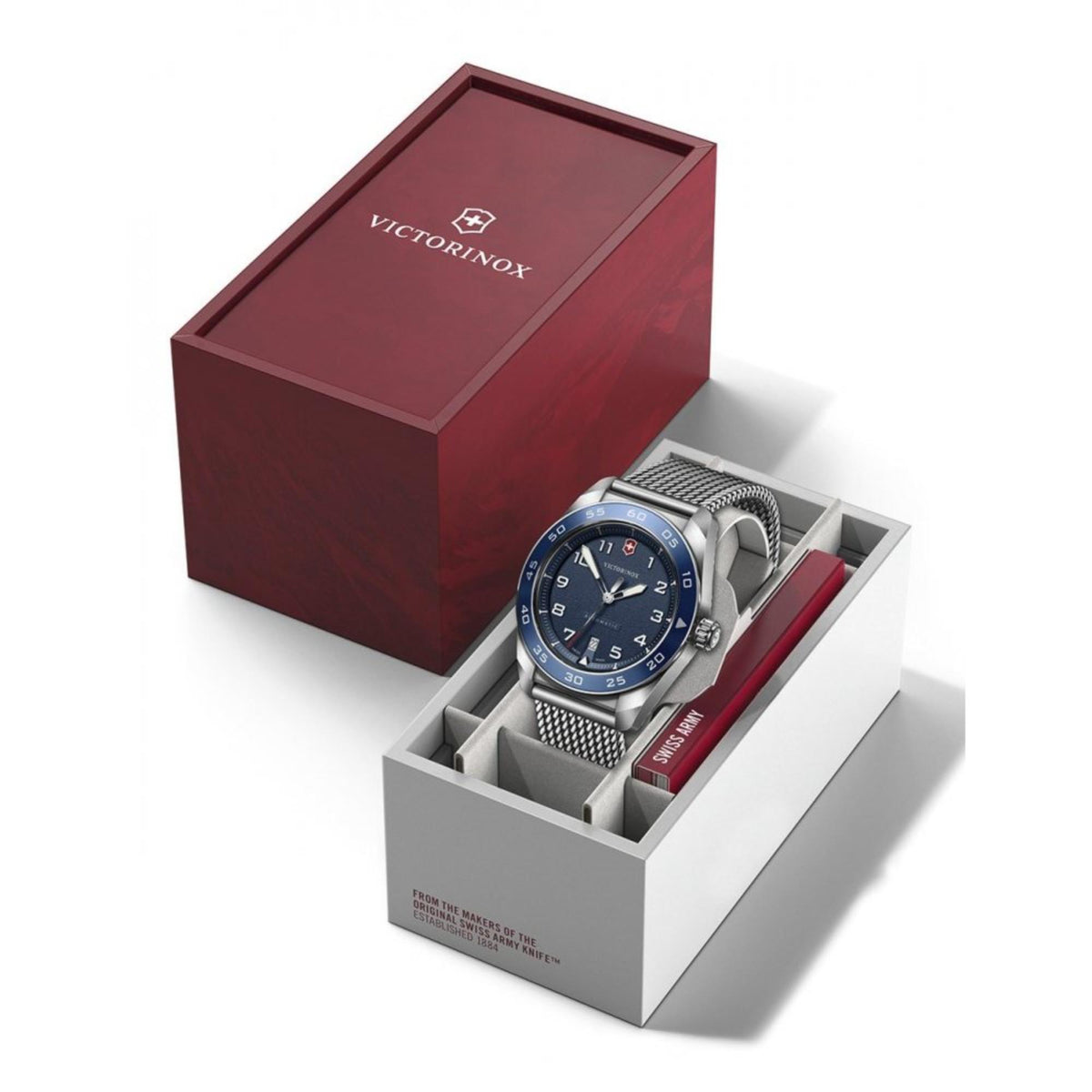 Men's Victorinox Swiss Army automatic watch in gift box, blue dial and steel bracelet