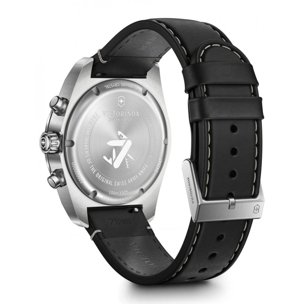 Angled view of Victorinox Swiss Army 242047 case back and black leather strap with pin buckle 