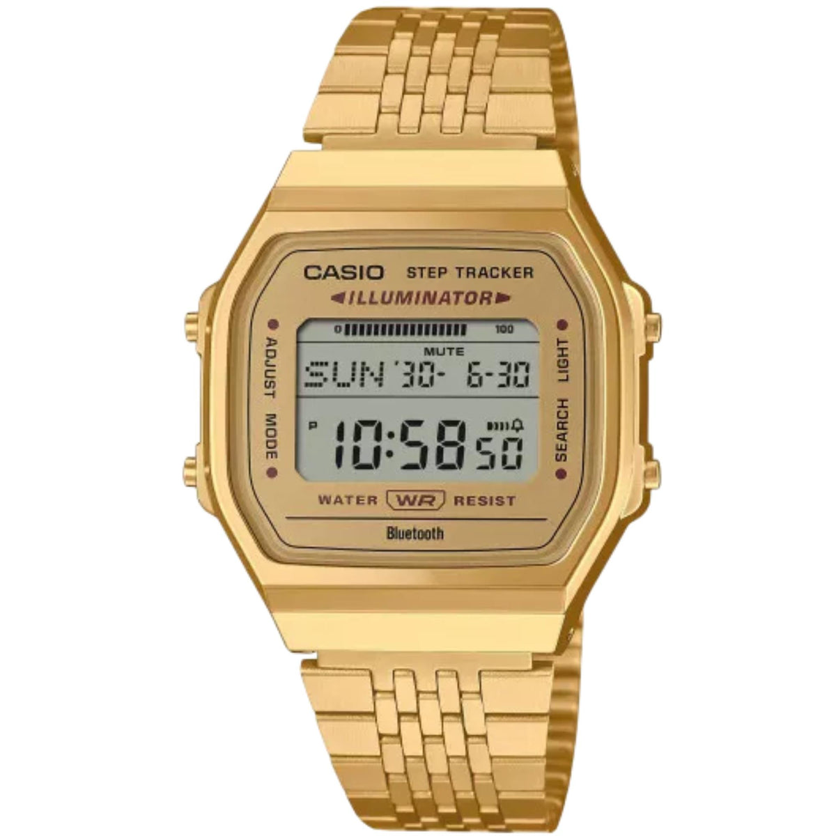 Front view of the gold-tone Casio Vintage Digital Steel Strap Watch ABL-100WEG-9AEF featuring a step tracker screen and Bluetooth functionality