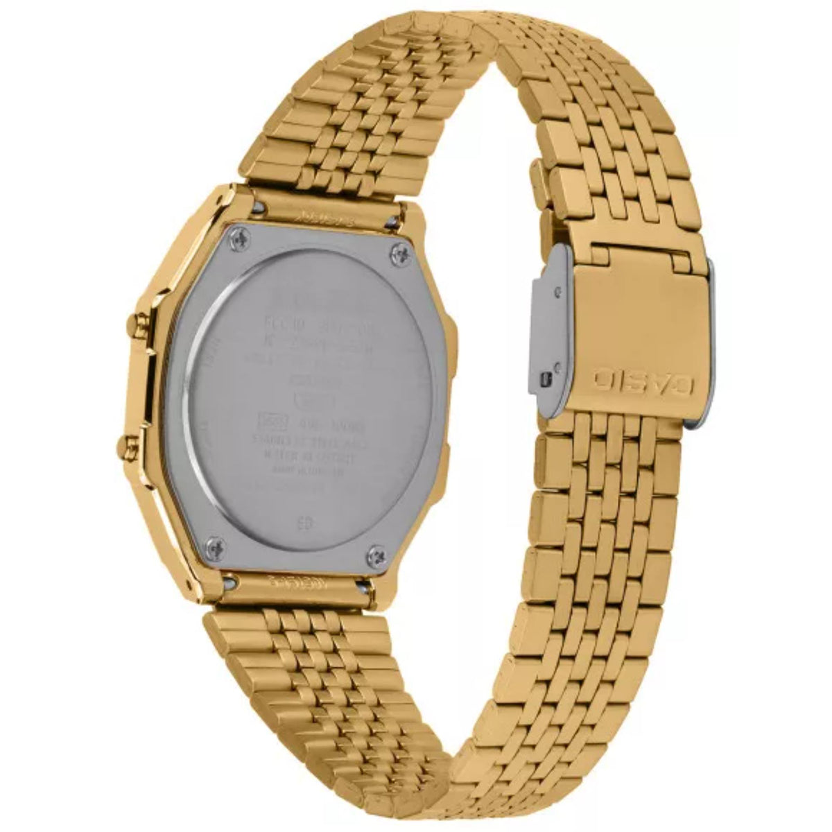 Rear perspective showing the stainless steel backplate, gold IP multi-row bracelet, and engraved clasp of the Casio Vintage Digital ABL-100WEG-9AEF watch