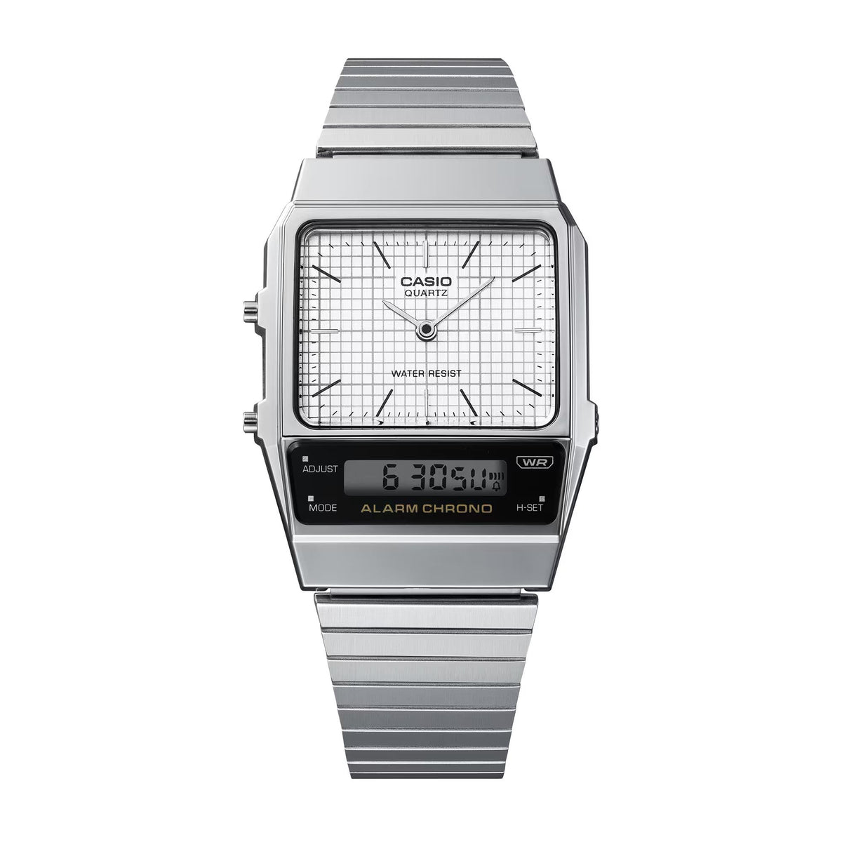 Front view showing the dual analogue-digital display layout, geometric stainless case, and link bracelet of the Casio Vintage Edgy AQ-800E-7AEF