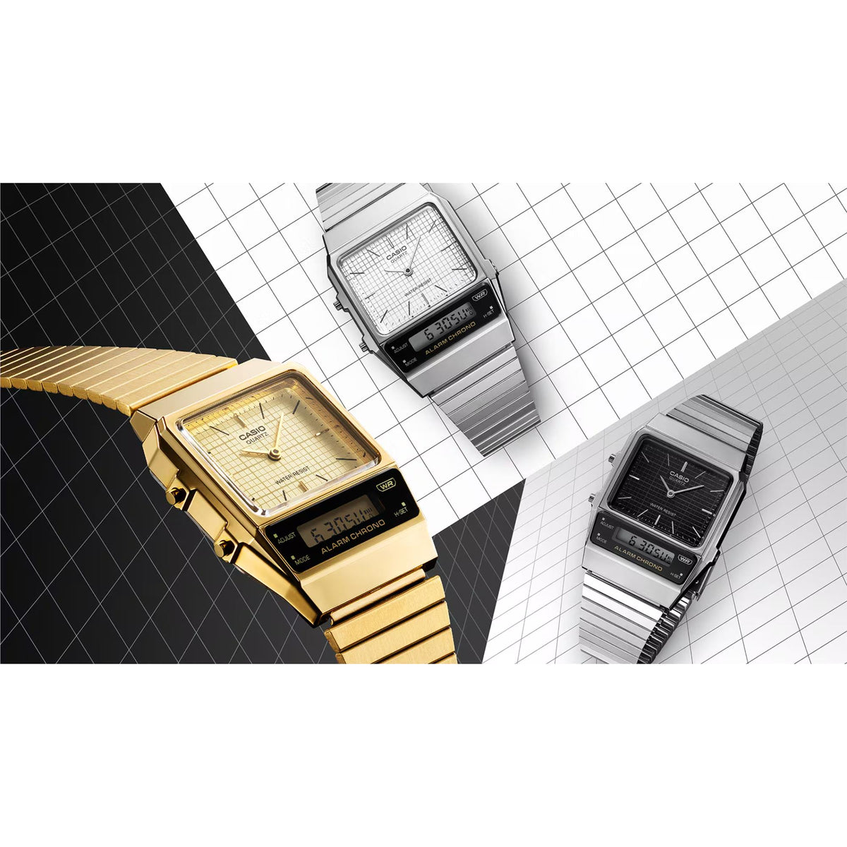 Casio Vintage Edgy series models showcasing the silver AQ-800E-7AEF alongside gold and black dial color variants
