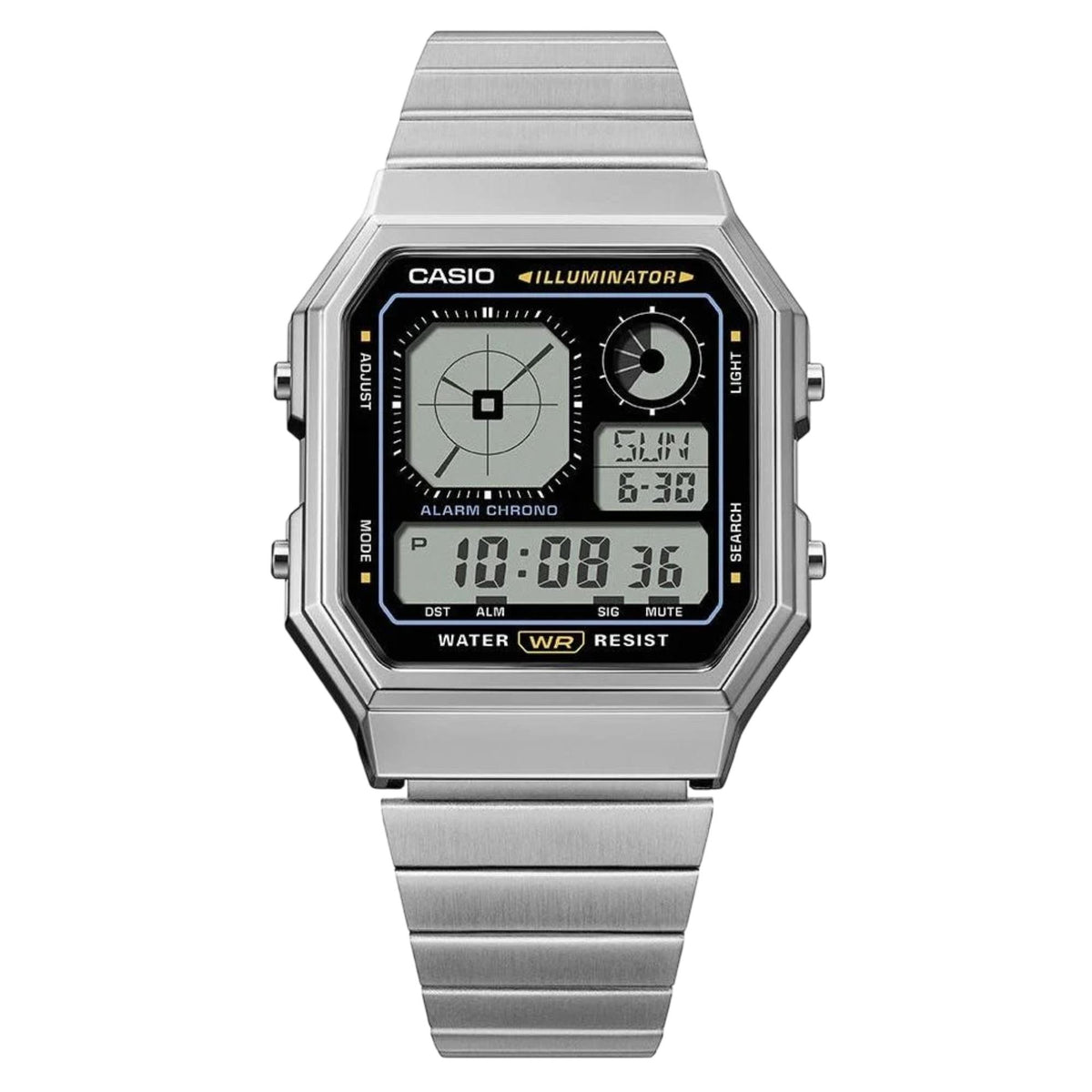 Casio Vintage A130WE-1AEF digital watch featuring a retro multi-display dial, silver-tone angular case, and integrated stainless steel bracelet