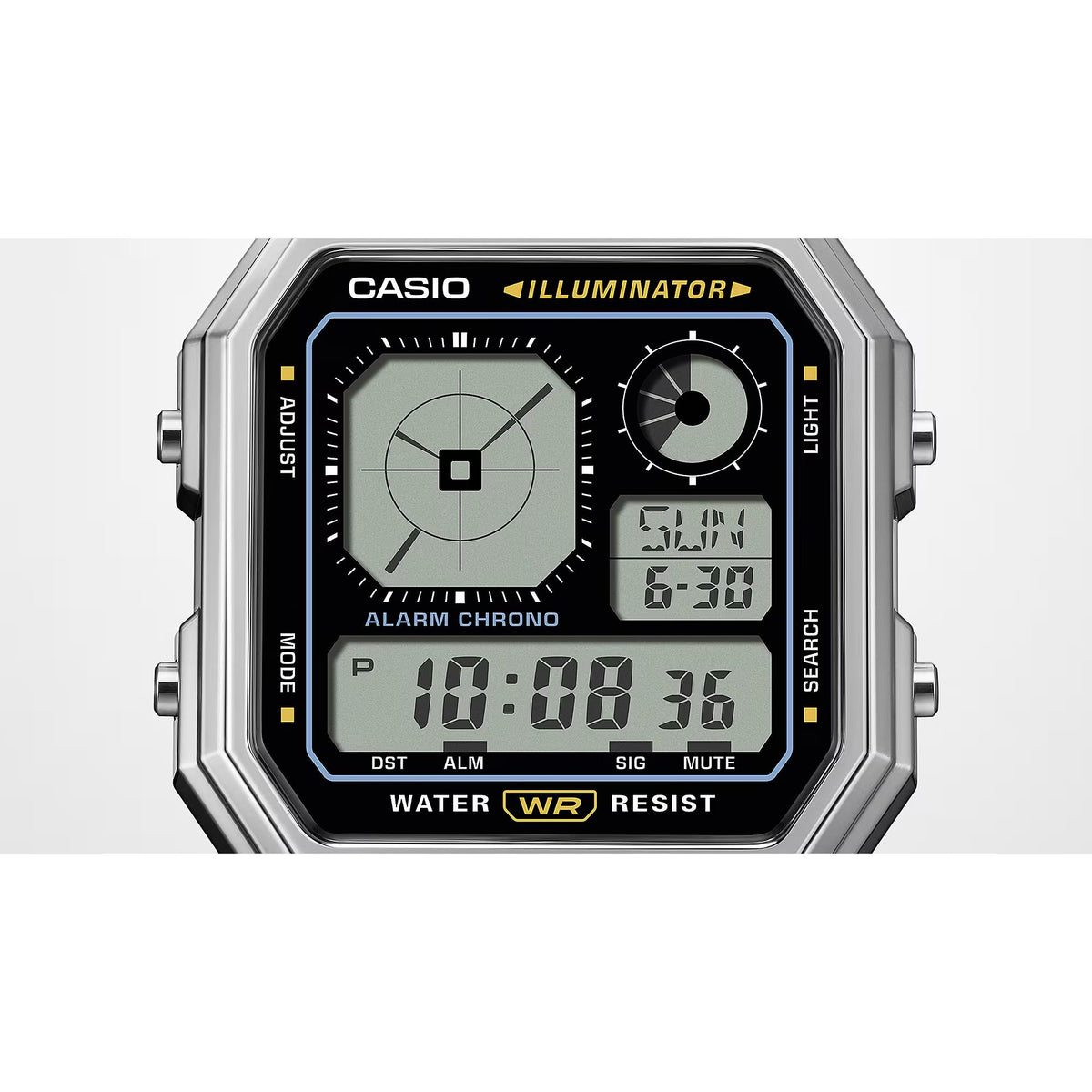 Close-up front view of the Casio Vintage A130WE-1AEF digital watch highlighting its geometric face layout and silver bezel