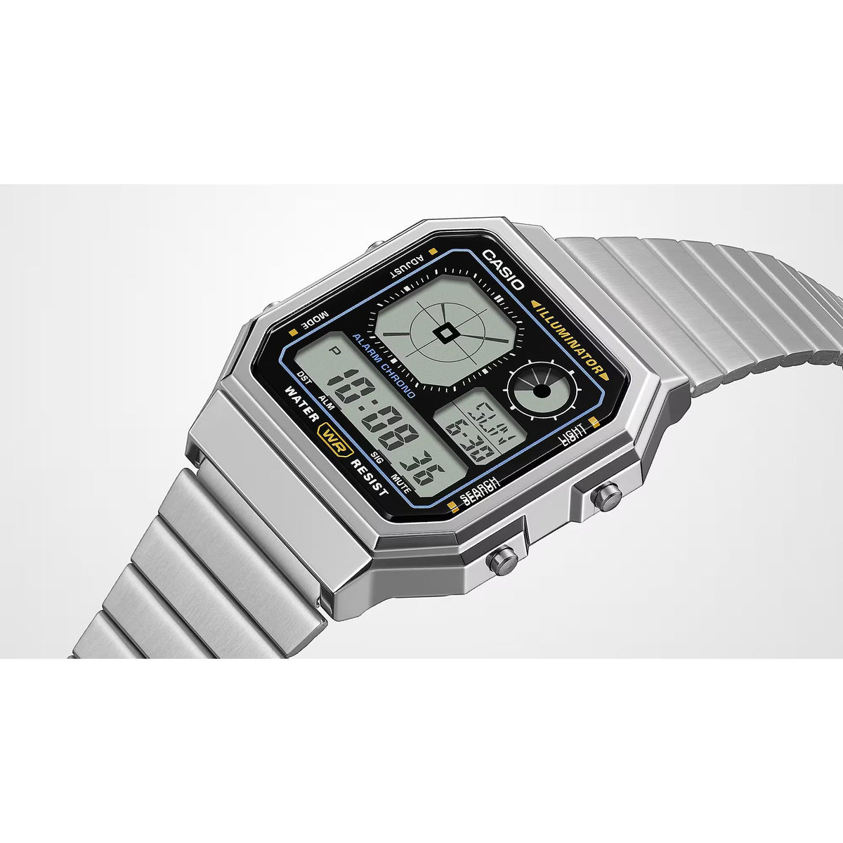 Side view of the Casio Vintage A130WE-1AEF watch displaying its brushed steel strap links and side pushers