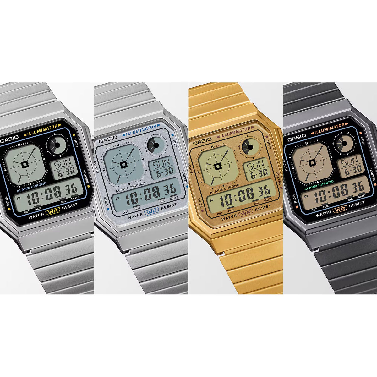 Casio Vintage A130 line showing the A130WE-1AEF silver digital model alongside additional metallic colorways