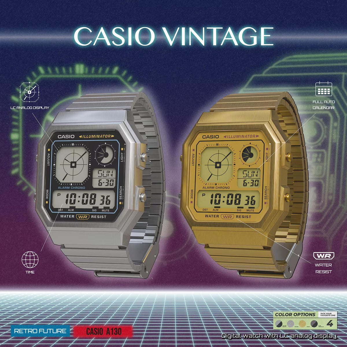 Casio Vintage A130WE-1AEF retro-future digital watch displayed on a stylized graphic backdrop highlighting its LC analog and calendar features