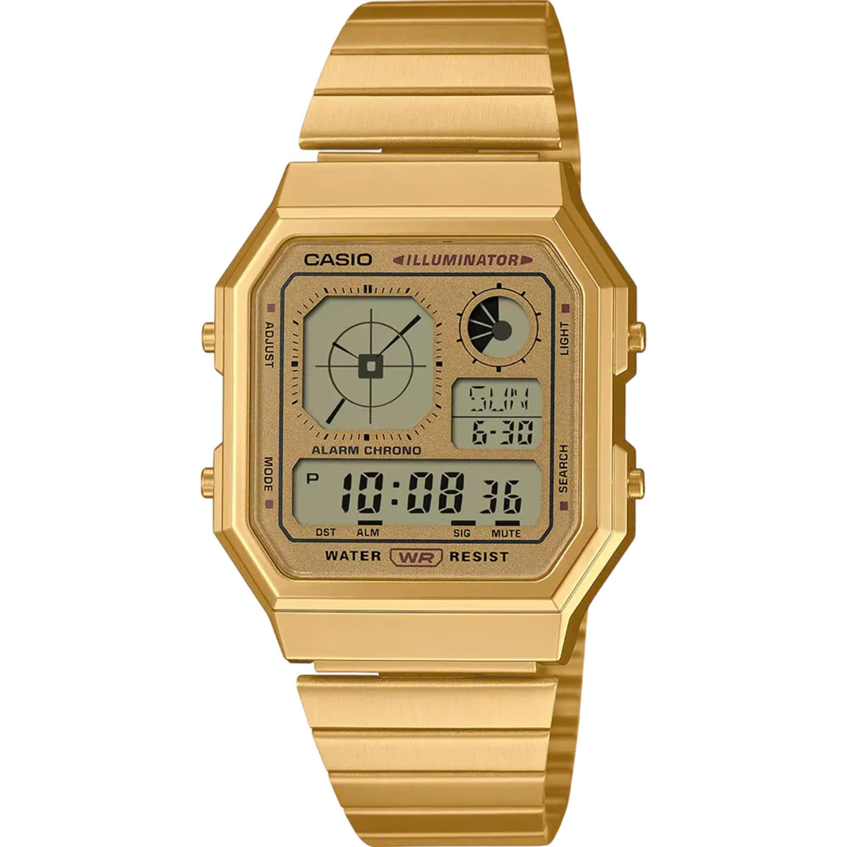 Casio Vintage A130WEG-9AEF front view showing digital dial screen and steel case profile