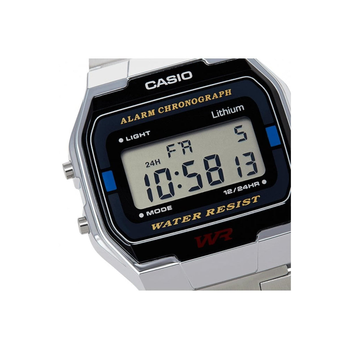 Casio Collection A163WA-1QES close-up view of digital screen frame detailing mode and light buttons