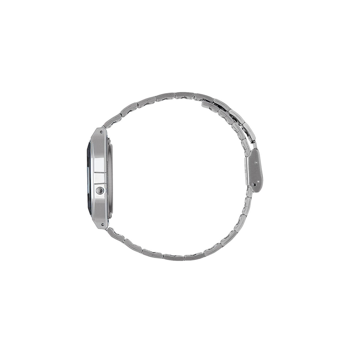 Casio Collection A163WA-1QES side view displaying slim case profile and full steel bracelet loop