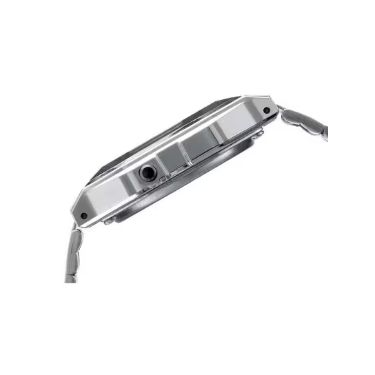 Casio Collection A163WA-1QES angled profile view highlighting case side pushers and steel bezel line