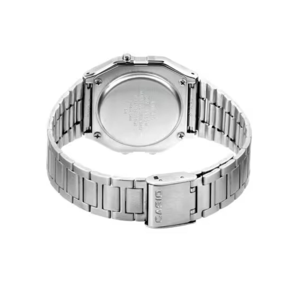 Casio Collection A163WA-1QES back view displaying brushed metal case back with folded steel clasp