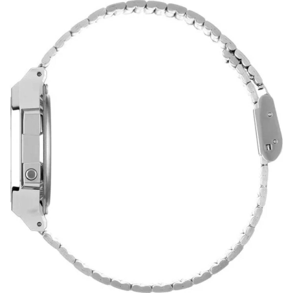 Side profile perspective of the Casio Vintage Digital Watch A168WEHA-9AEF showing the slim case and link bracelet