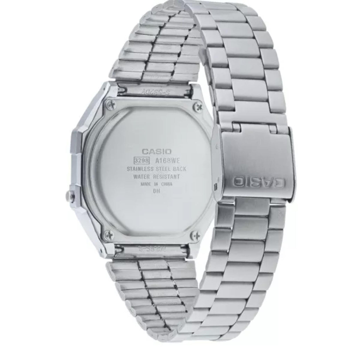 Rear view of the Casio Vintage digital watch A168WEHA-9AEF showcasing the stainless steel case back and folding clasp
