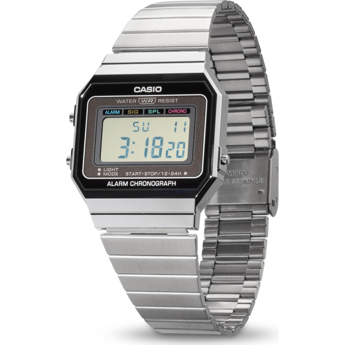 Silver Casio digital alarm chronograph watch with black LCD bezel and metal bracelet
