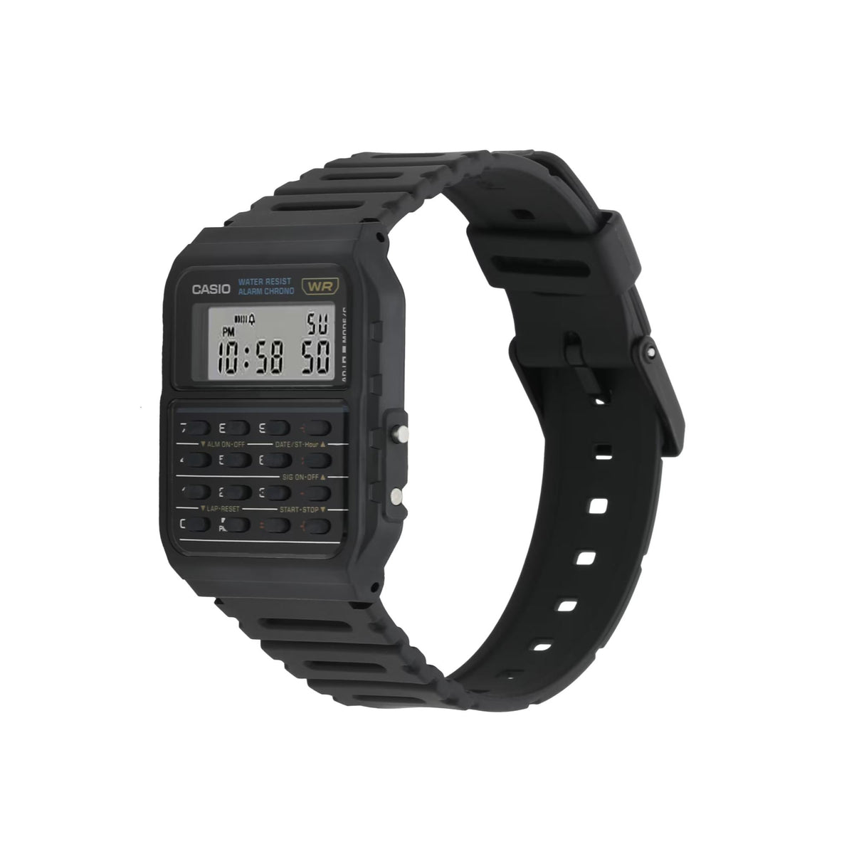 Angled side perspective of the Casio Vintage CA-53W-1ER showing the matte black resin case and strap band