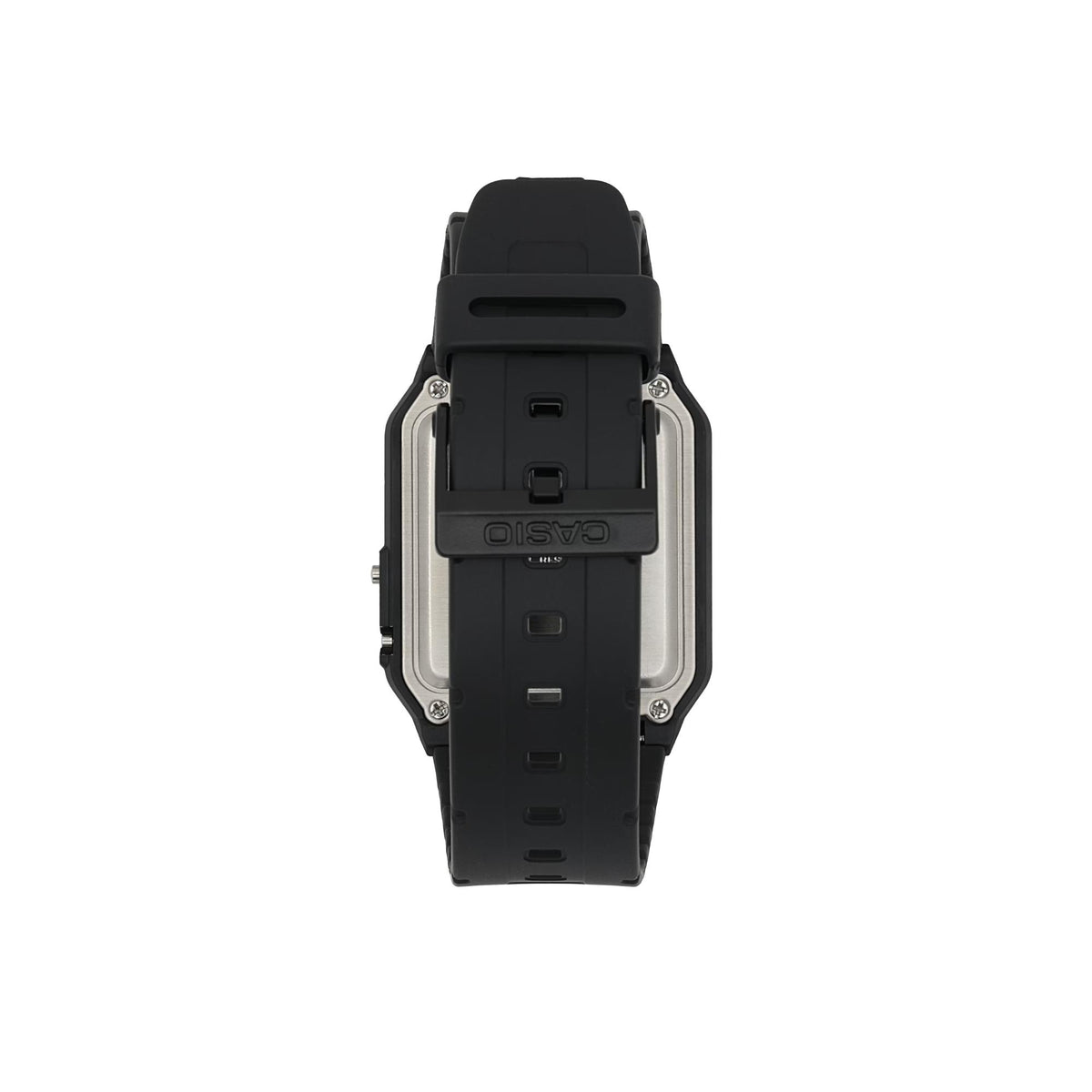 Rear view displaying the black resin strap, buckle fastener, and case back of the Casio Vintage CA-53W-1ER