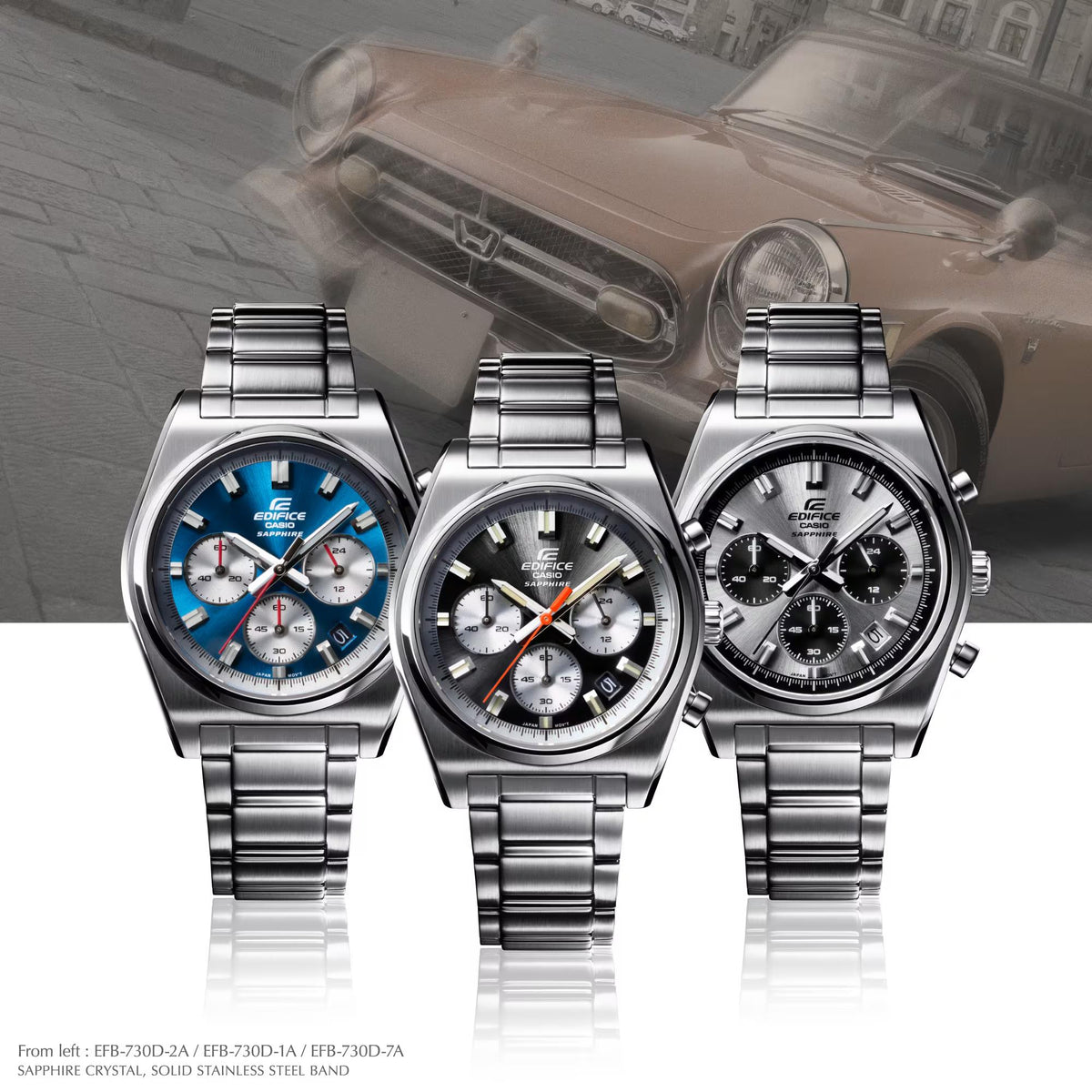 Three stainless steel chronograph watches with blue and black dials, metal link bracelets