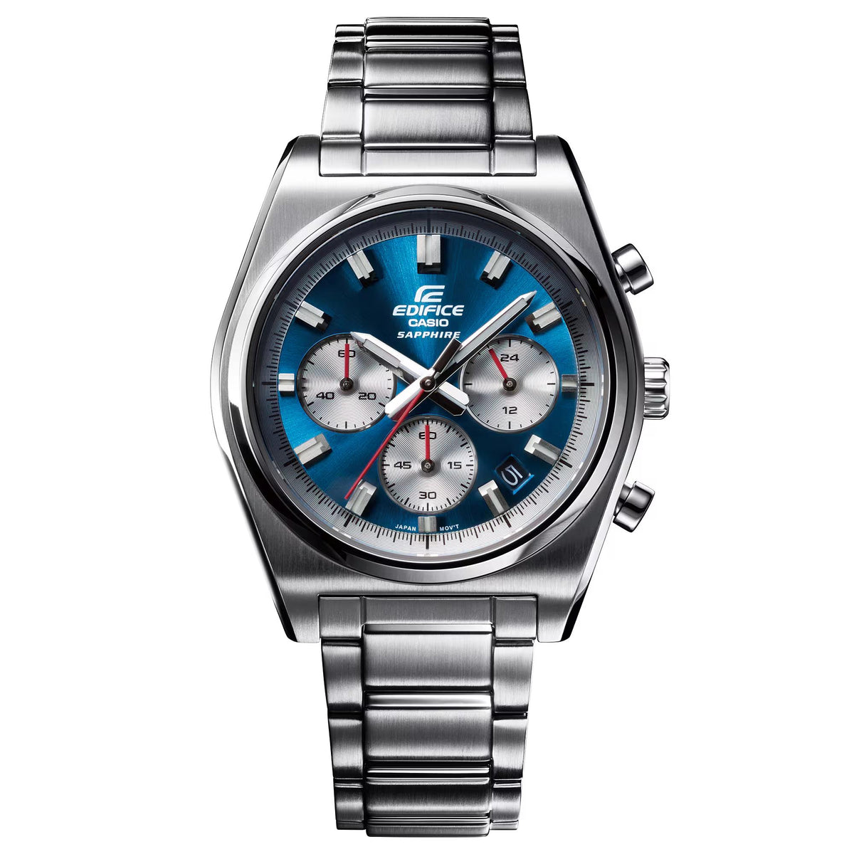 Stainless steel chronograph watch with blue sunray dial, subdials, and side pushers