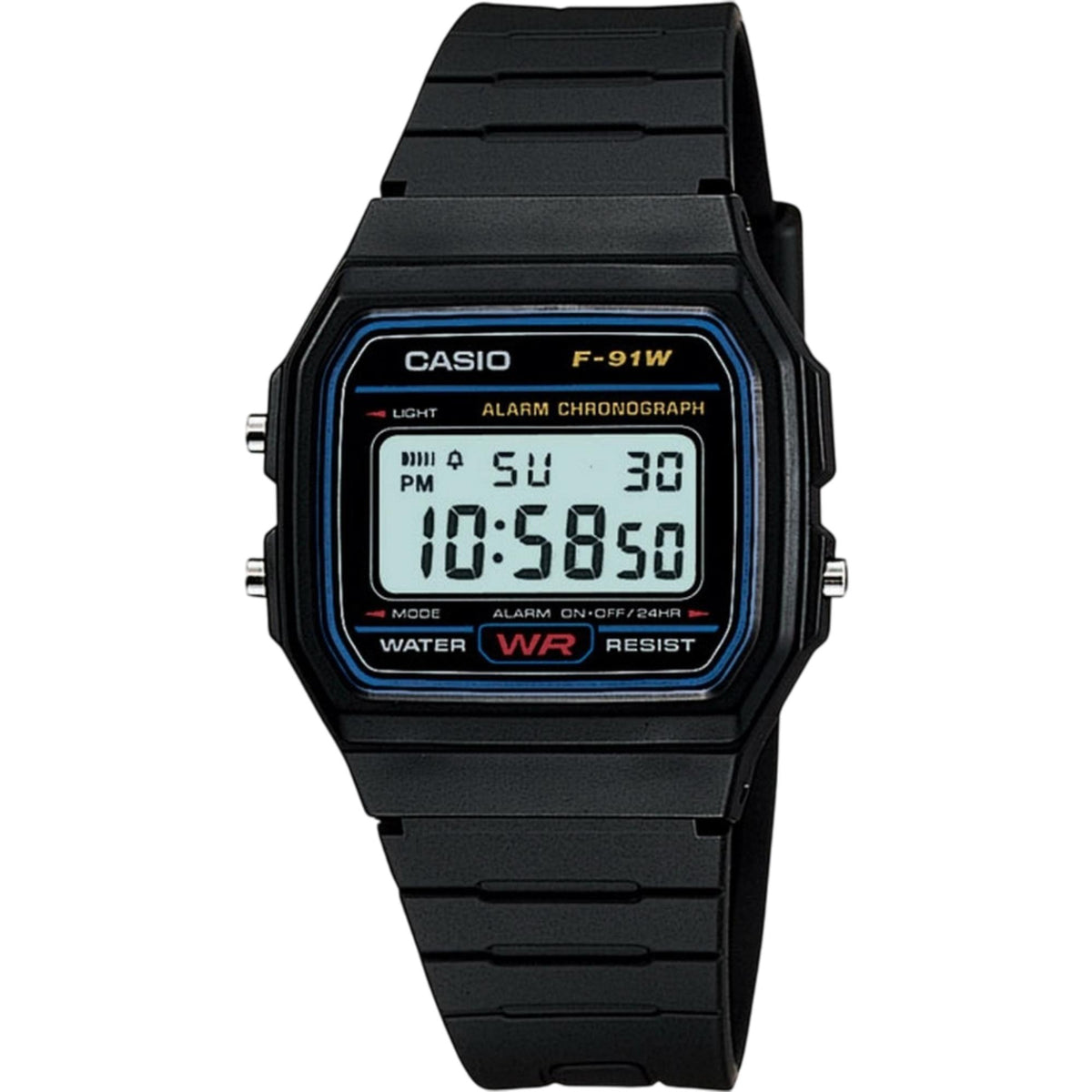 Front view of Casio Vintage watch F-91W-1XY, showing the iconic rectangular digital display, the blue and white dial borders, and the black resin case and strap.