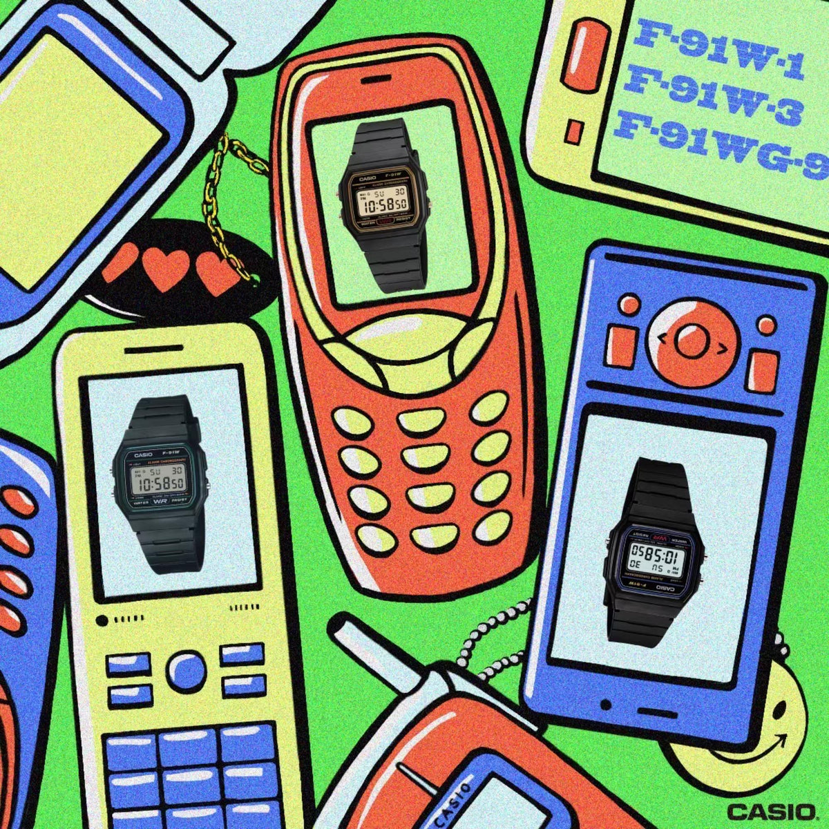 A vibrant, retro-themed cartoon illustration featuring the watch displayed on the screens of colorful, vintage 90s-style mobile phones