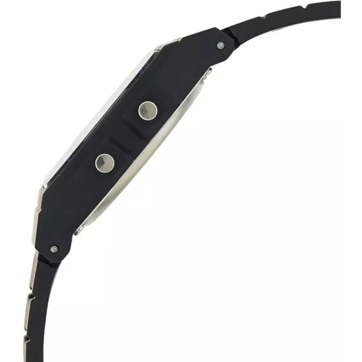 Black digital watch case with buttons and resin strap, side view