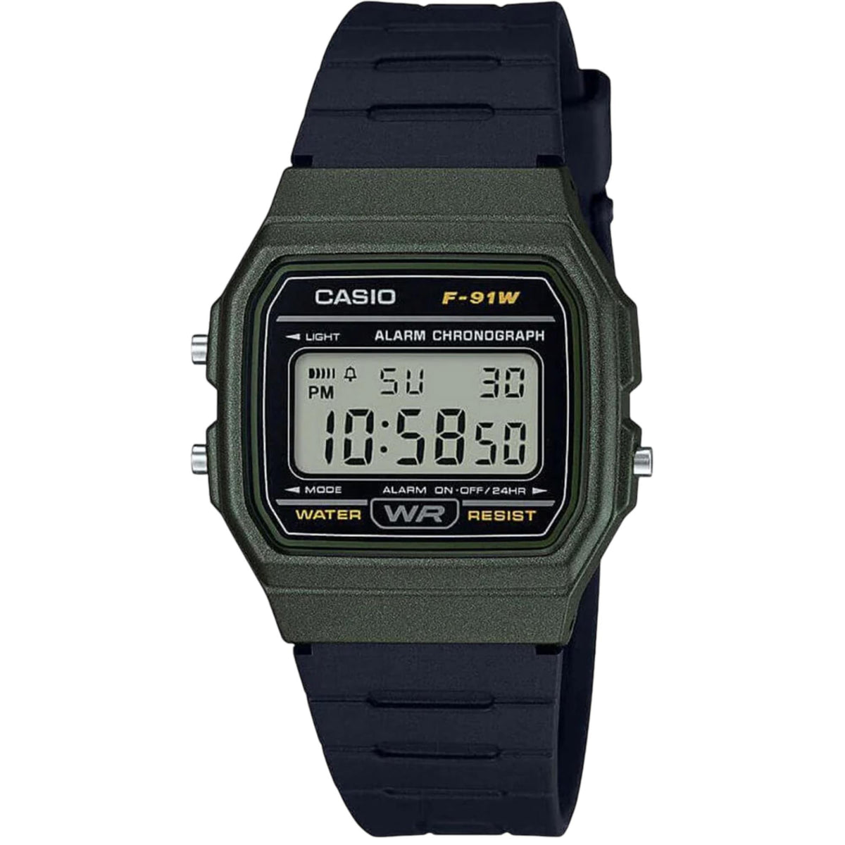 Casio F-91W digital quartz watch with black resin strap and green-toned bezel, LCD display