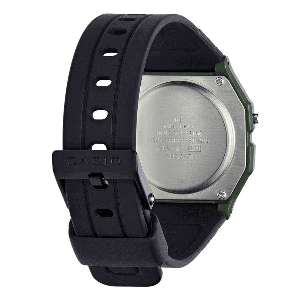Casio digital watch back with metal caseback and black resin strap, side view