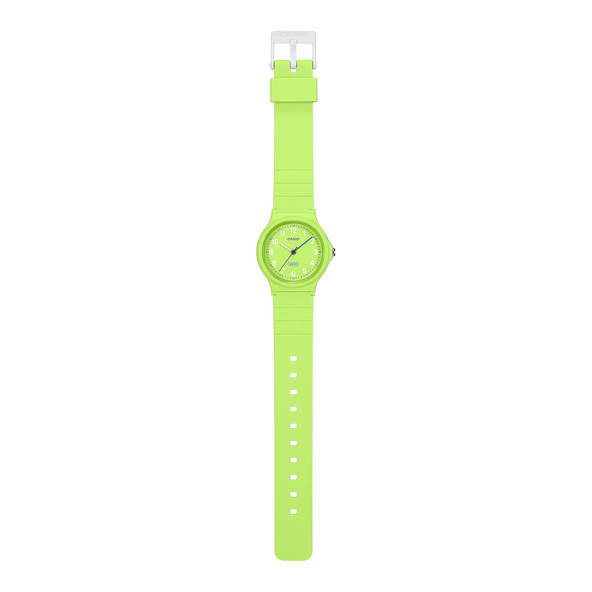 Lime green resin strap analog watch, side view with round dial