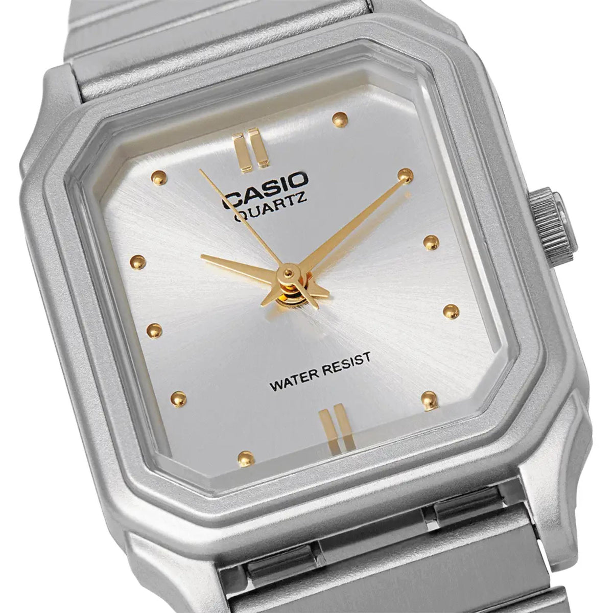 Gold dial quartz watch face with raised markers, gold hands, and CASIO Quartz text