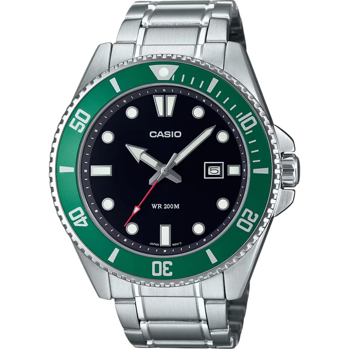 Casio men's stainless steel watch with dark dial and green bezel, metal bracelet