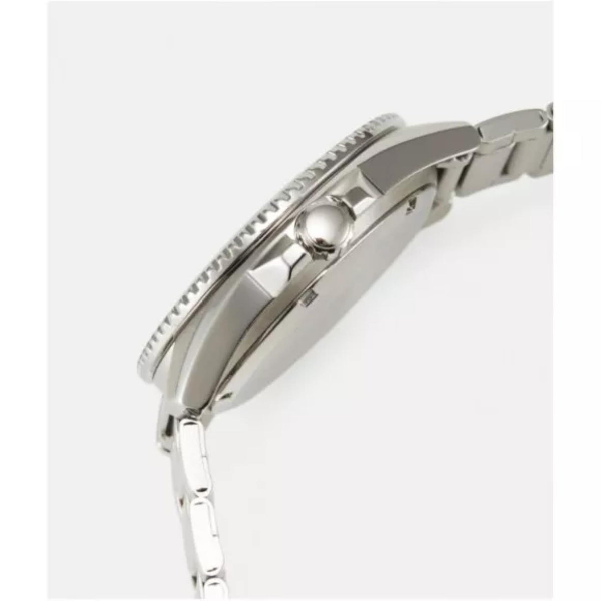 Casio men's stainless steel watch side view with crown and ridged bezel, metal bracelet