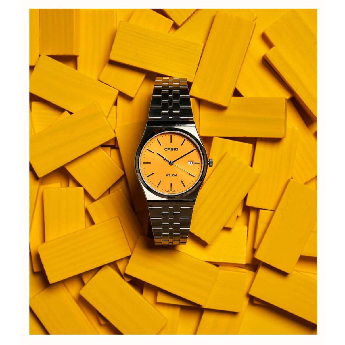 Men's steel strap watch with yellow dial and baton hour markers