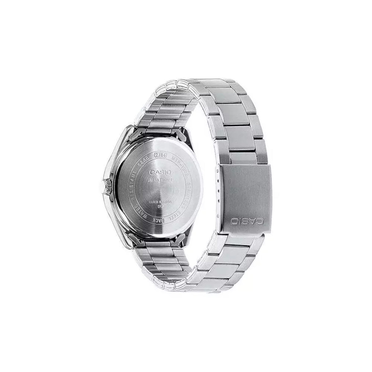 Rear view displaying the engraved case back and metal folding clasp of the Casio MTP Collection MTP-1302PD-4AVEF