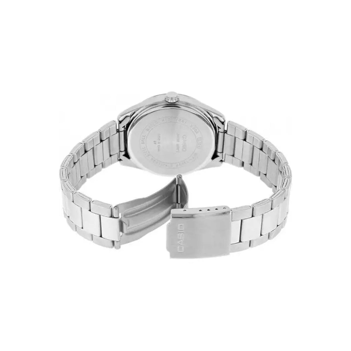 Back perspective of the Casio MTP Collection MTP-1302PD-4AVEF showing the open deployment buckle mechanism