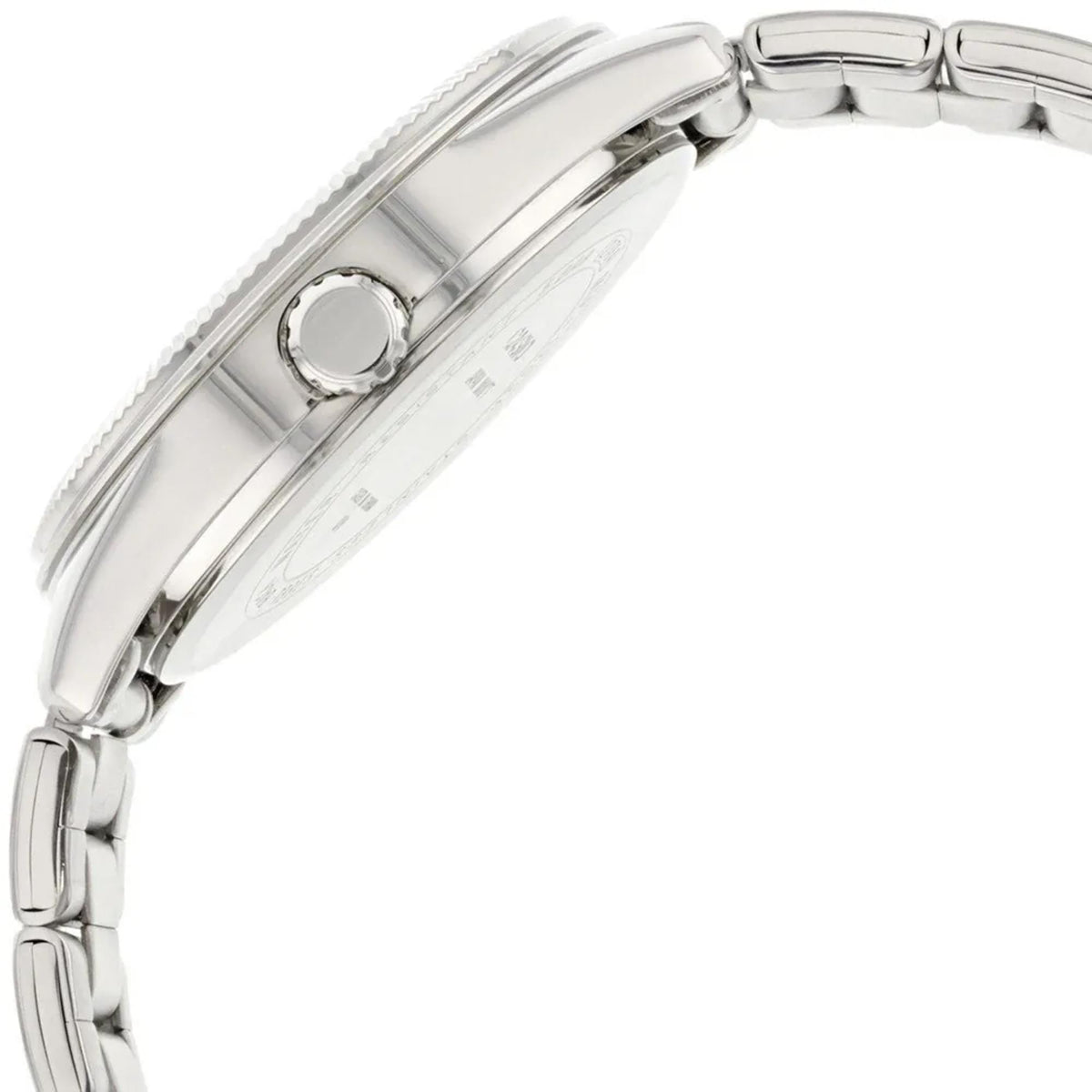 Men's analog steel watch case and bracelet, silver metal, side view