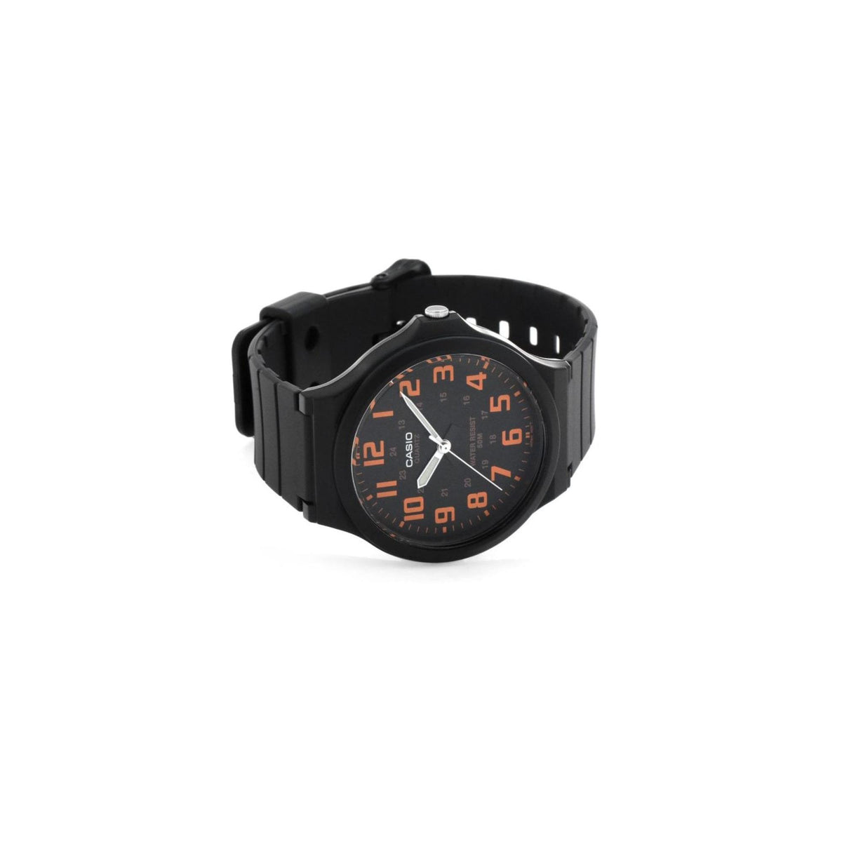 Men's black resin strap watch with round black dial and orange numerals
