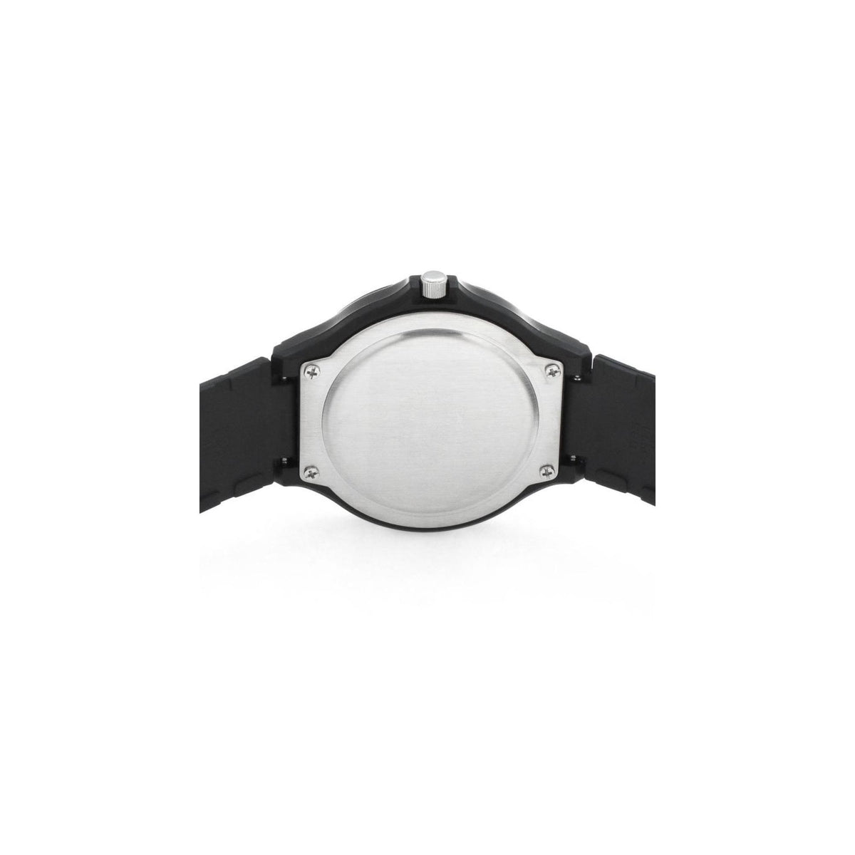 Men's Casio watch case back with silver-tone back and black resin band