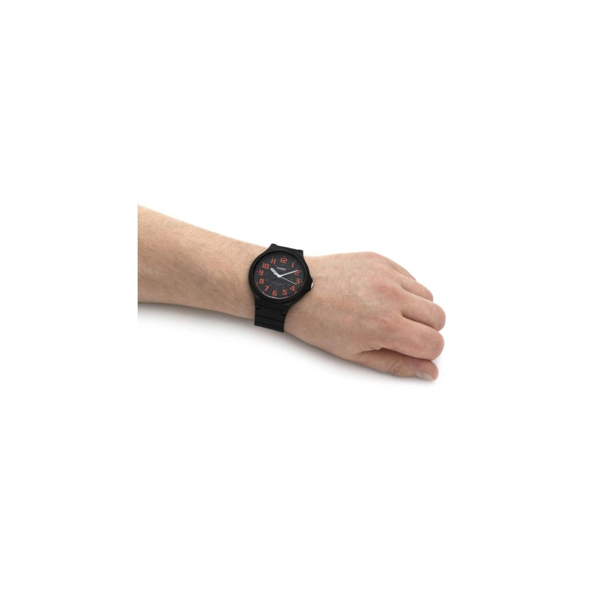 Men's wristwatch with black resin strap and black dial with orange numerals