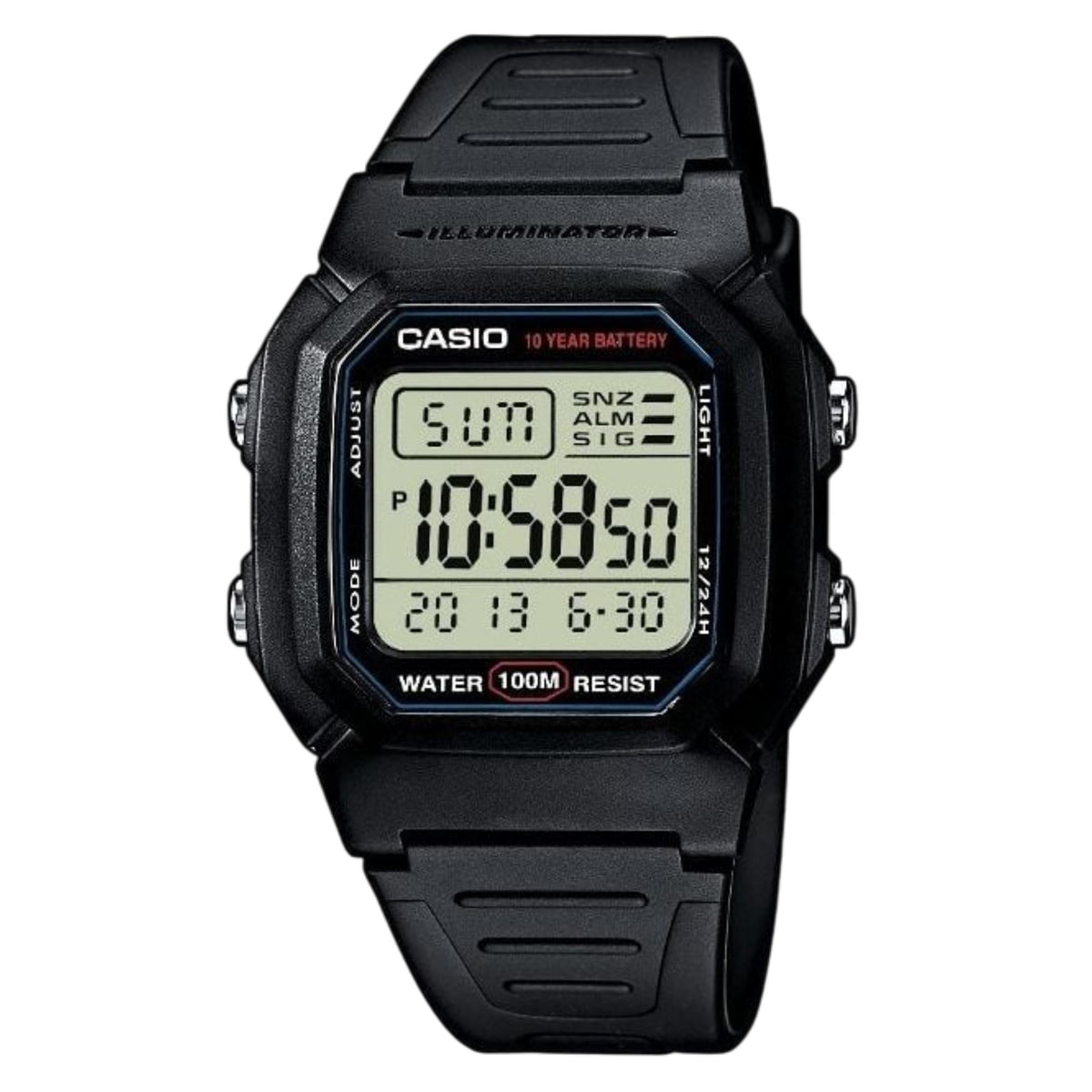 Casio Collection digital watch W-800H-1AVES with black resin strap and illuminated LCD, 100M water resistance