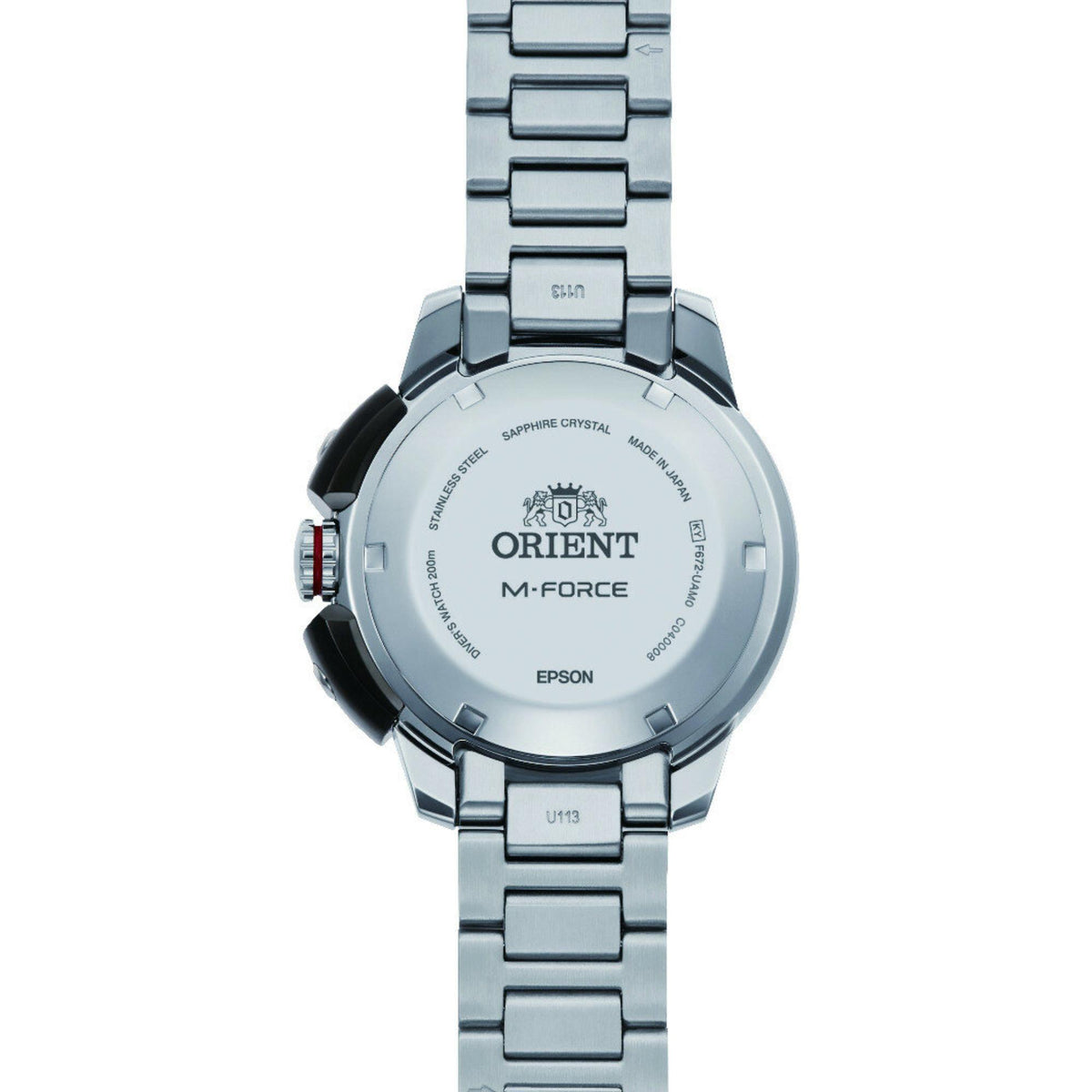 Steel watch caseback with Orient M-FORCE branding on the circular back plate