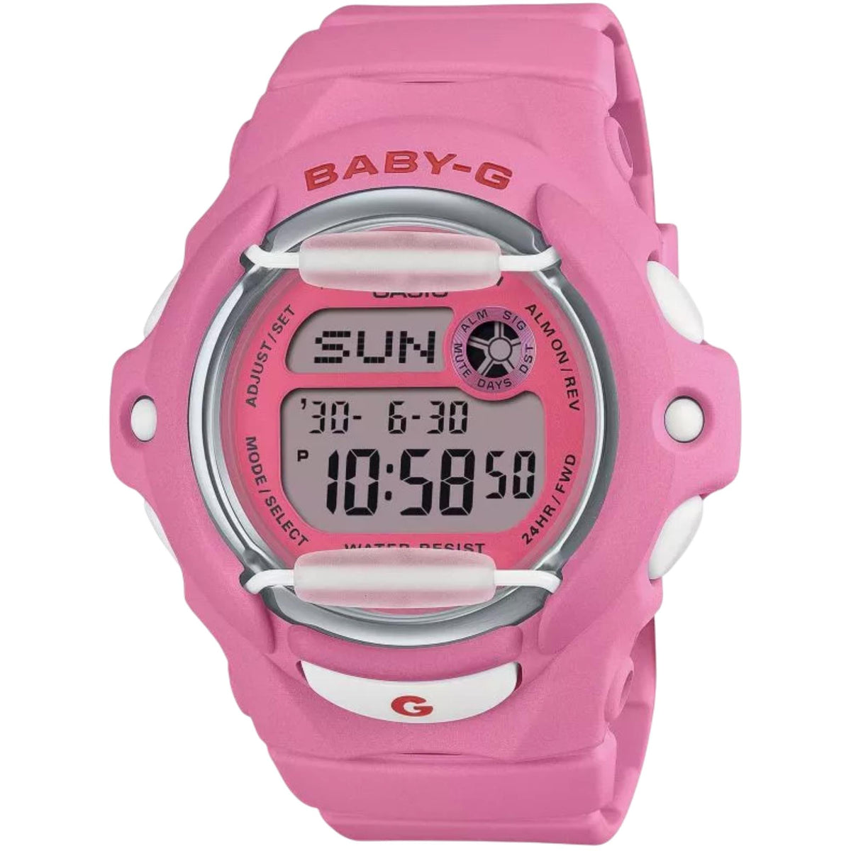 Casio BABY-G digital watch with pink resin strap and round LCD display.