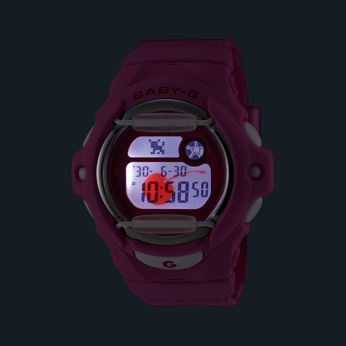 Dark pink Casio BABY-G digital watch with round LCD and red backlight.