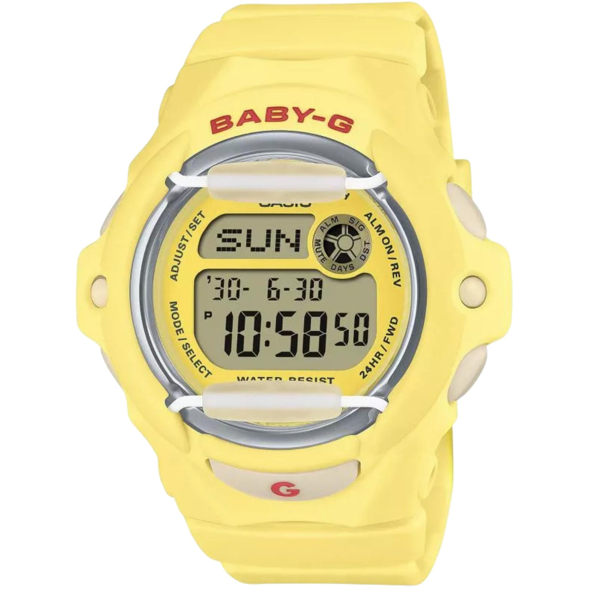 Front view of the Casio Baby-G BG-169CH-9ER women's digital watch featuring a yellow resin case and face protector