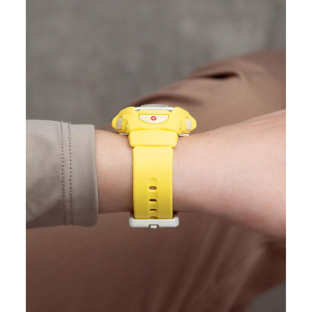Side profile view of the yellow resin band and case on the Casio Baby-G BG-169CH-9ER ladies watch