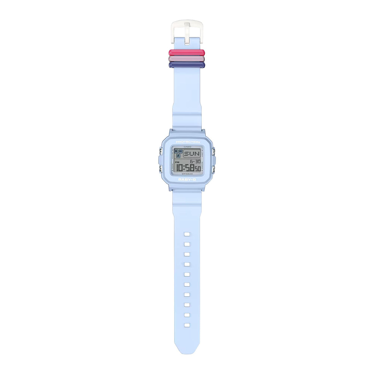 Light blue digital resin watch with adjustable strap and stacked colored accents
