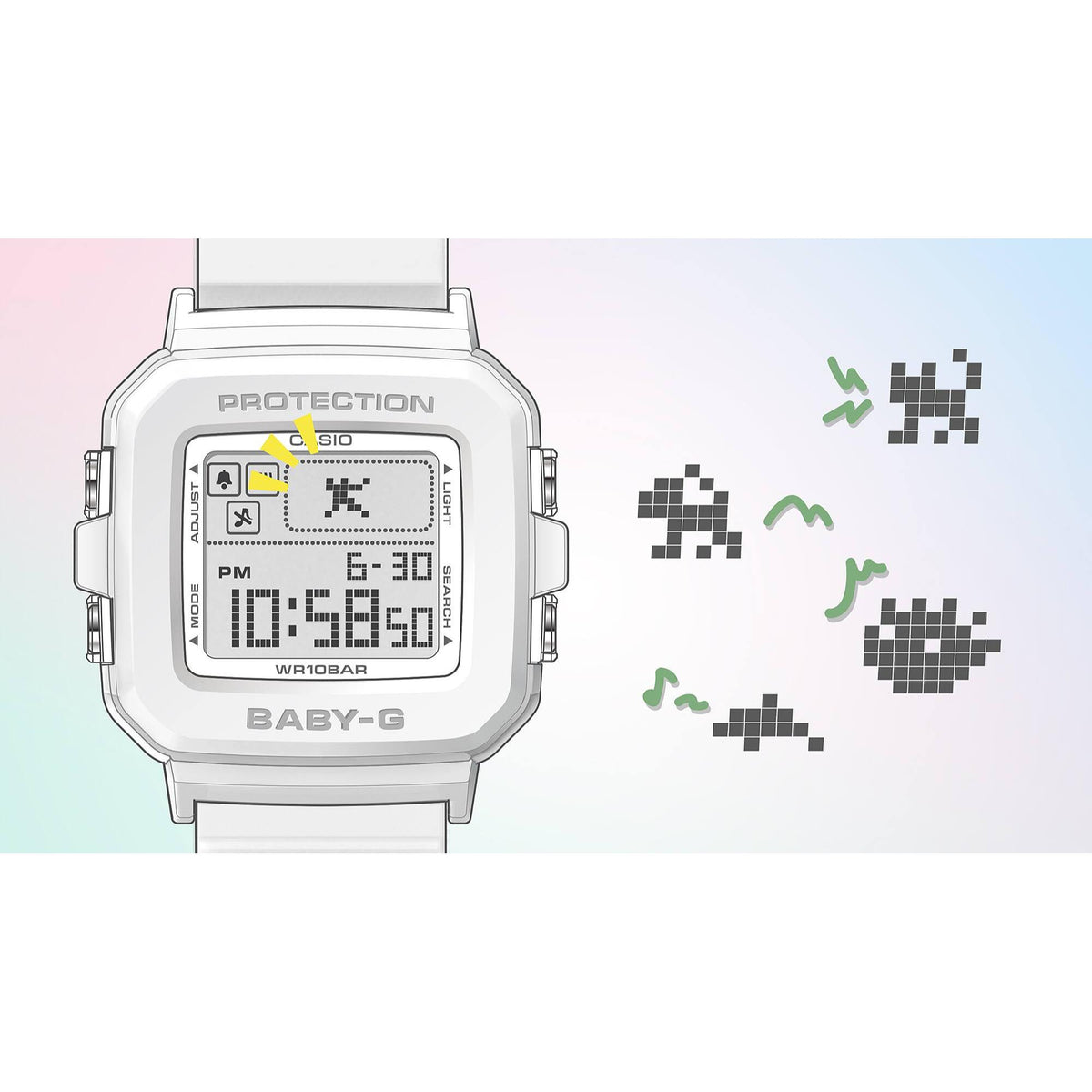 White resin digital watch with LCD display and PROTECTION styling on the case